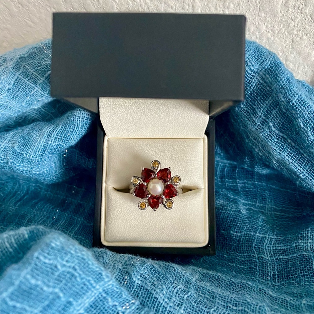 Sterling Garnet, Citrine, and Pearl flower ring